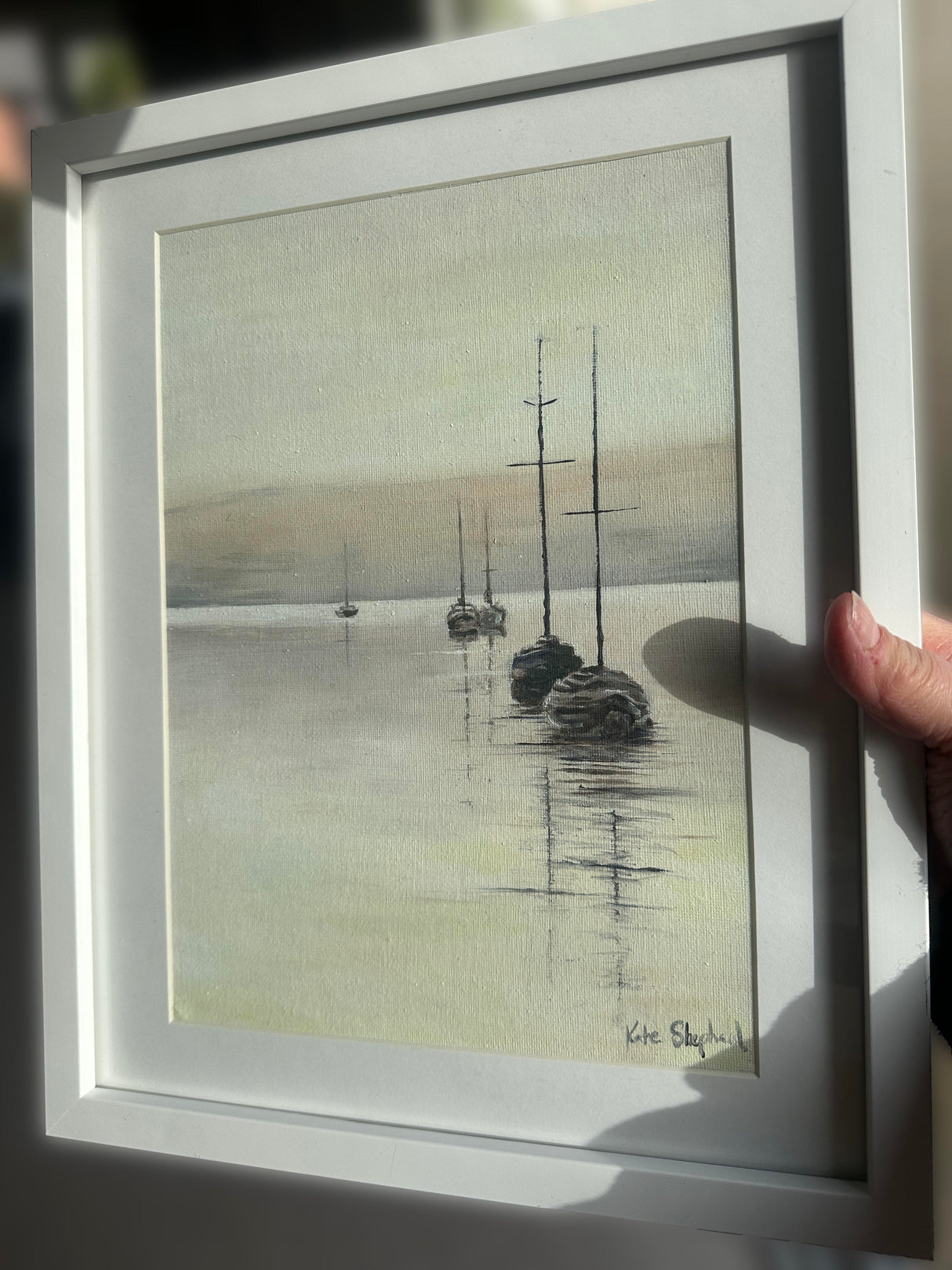 ‘Yachts in the Harbour’ – a unique oil painting in brown, yellow, and gold.