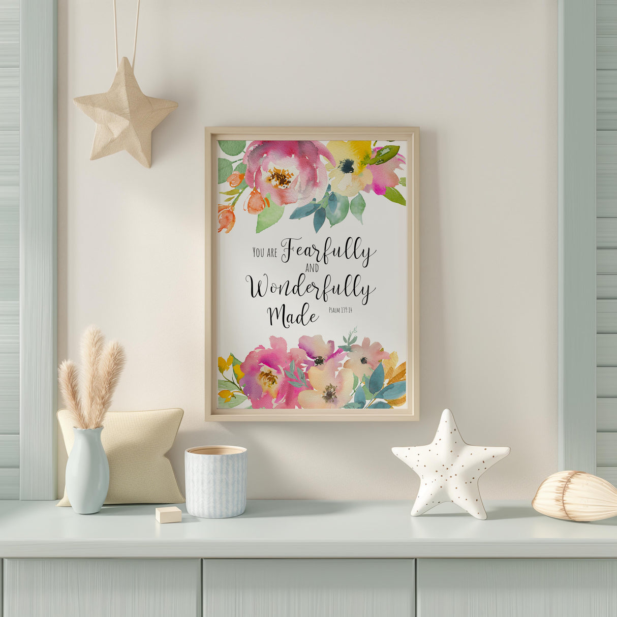 Christian floral wall art featuring You Are Fearfully And Wonderfully Made verse.