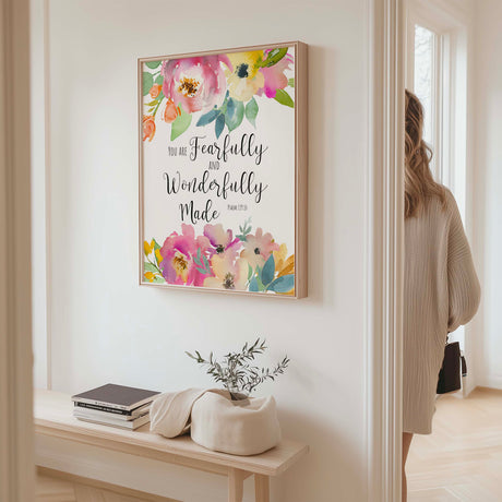 Beautiful floral Bible verse art with Psalm 139:14 for faith filled home decor.