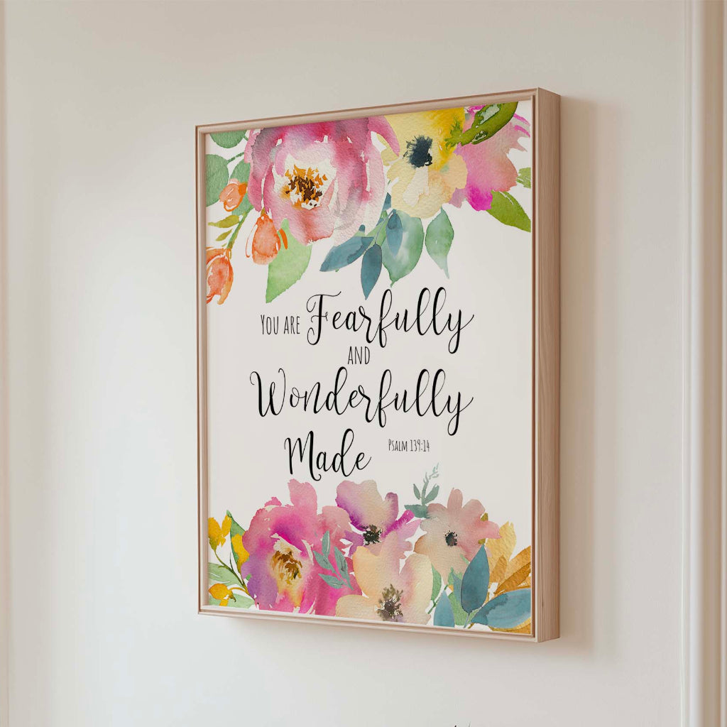 Beautiful floral Bible verse art with Psalm 139:14 for faith filled home decor.