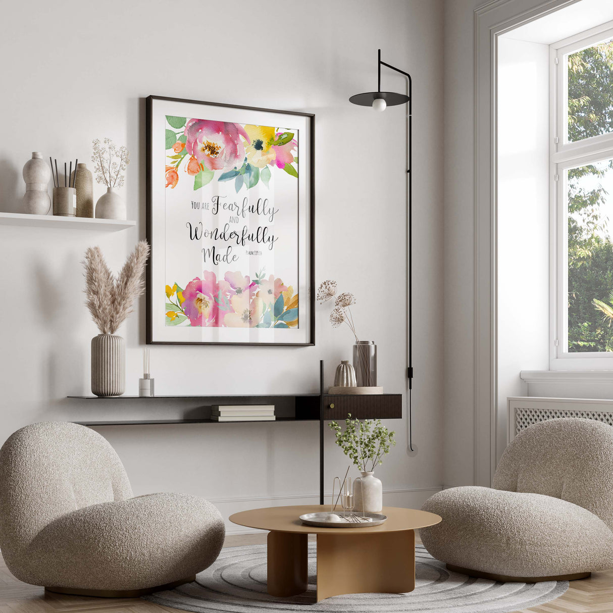 Psalm 139 Floral Bible Verse, Girls Bedroom Wall Art Prints, You are fearfully and wonderfully made print, Bible verse floral print