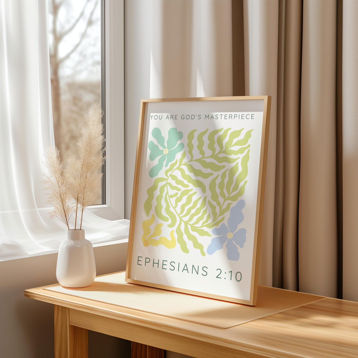 Pastel-toned floral Bible verse print with modern Matisse-style shapes and encouraging scripture.