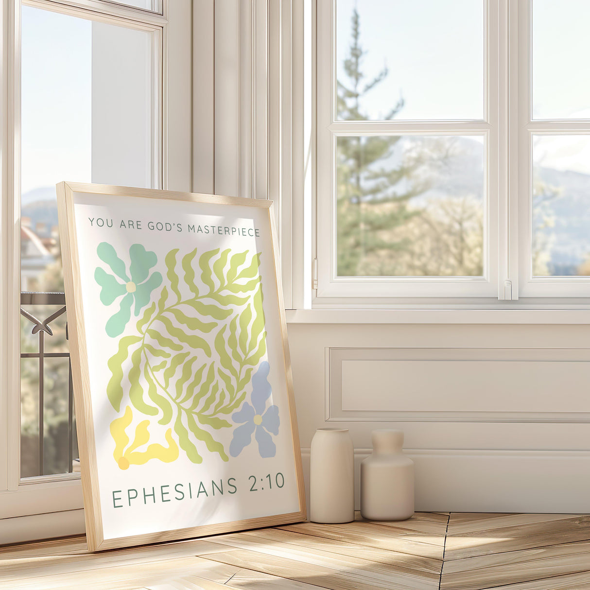 Pastel Matisse-style floral print with the quote "You Are God's Masterpiece" and Ephesians 2:10.
