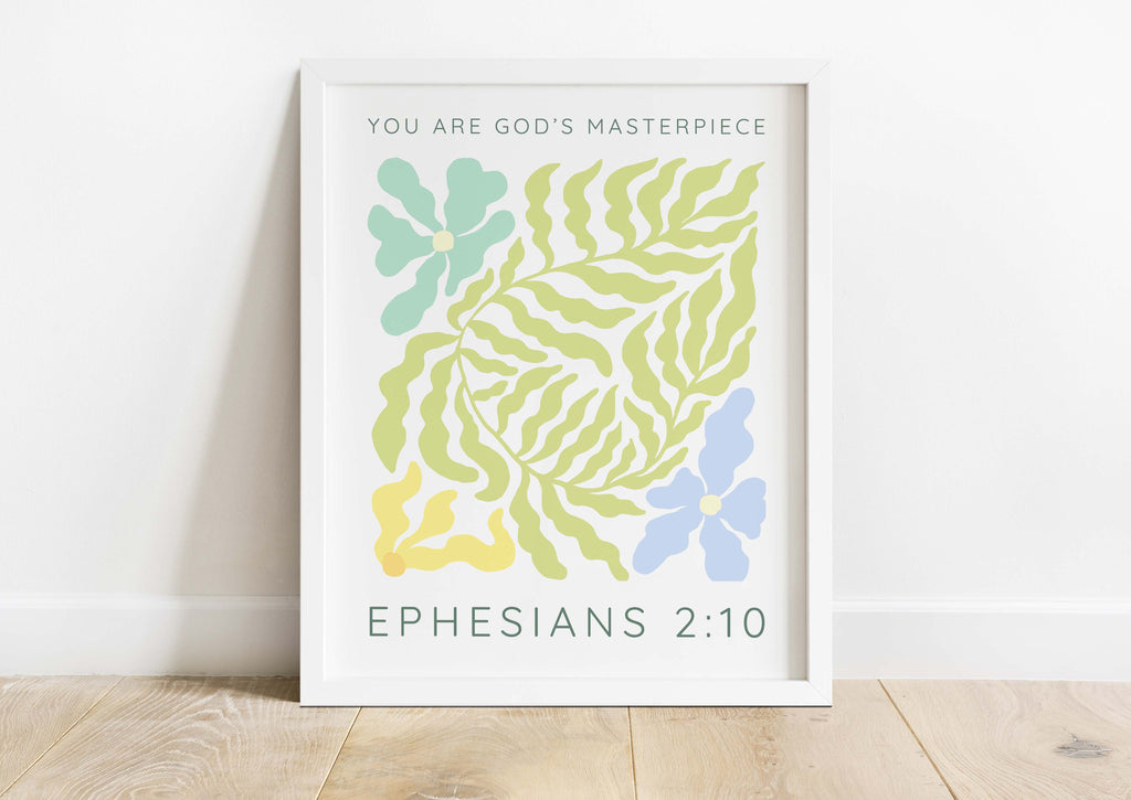 Gods Masterpiece floral print with Bible verse, Ephesians 2:10 floral masterpiece for home decor, modern christian art