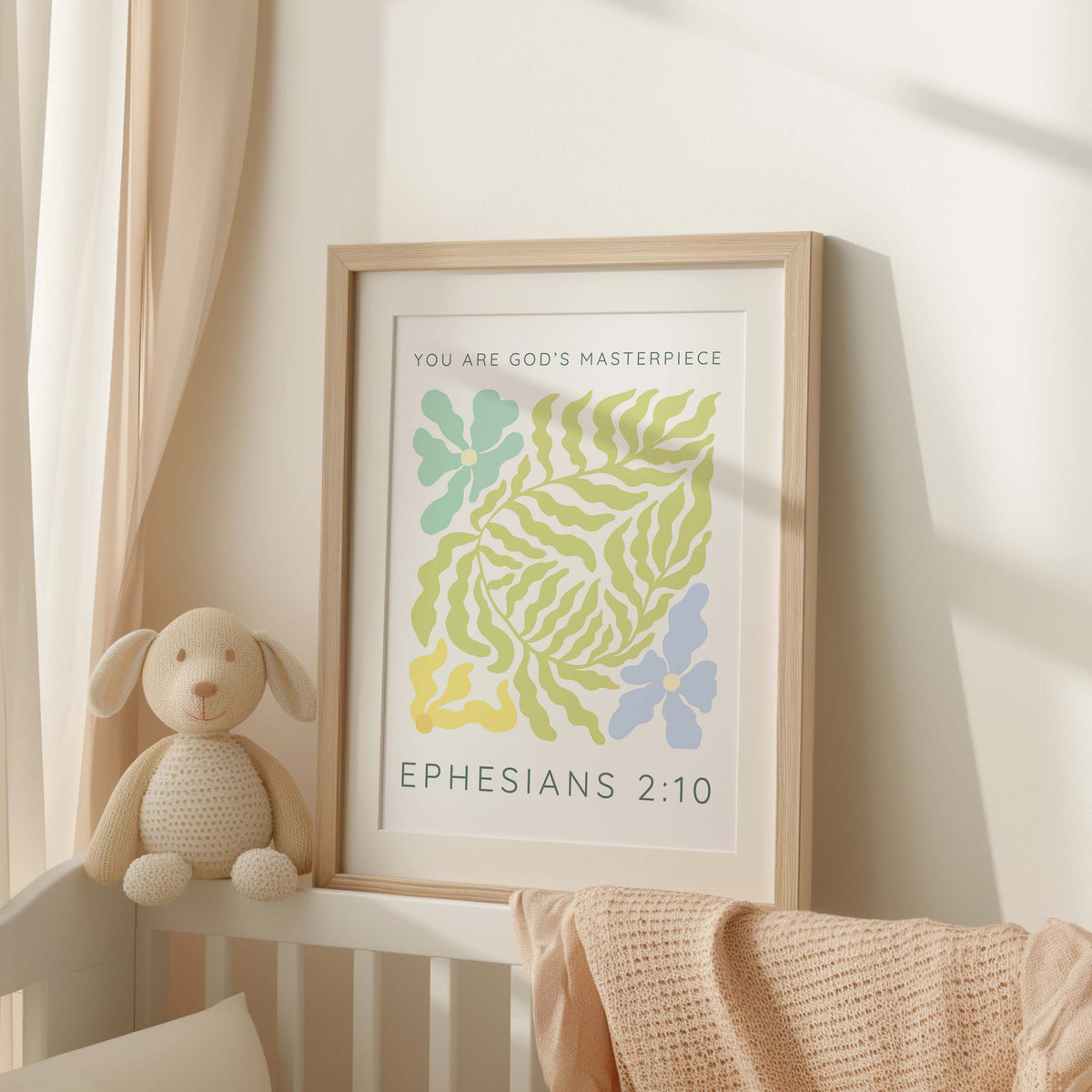Inspirational Christian wall art with pastel floral motifs and the text "You Are God's Masterpiece" from Ephesians 2:10.