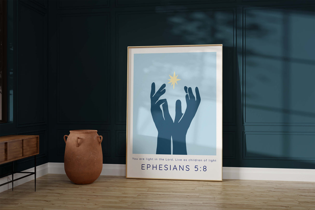 You are Light Christian Print, Blue Ephesians 5 8 Bible Verse Wall Art, Modern Inspirational Scripture Decor For Home Or Prayer Room