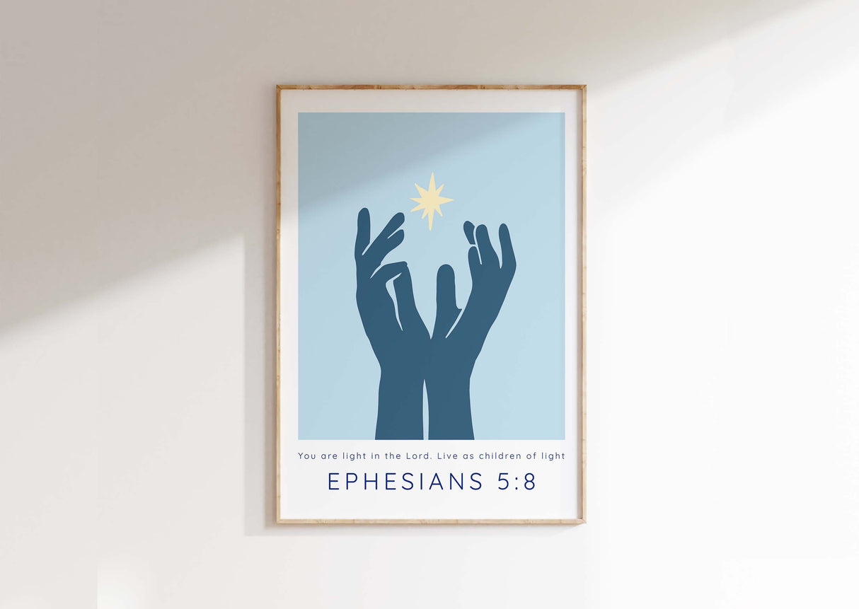 You are Light Christian Print, Blue Ephesians 5 8 Bible Verse Wall Art, Modern Inspirational Scripture Decor For Home Or Prayer Room