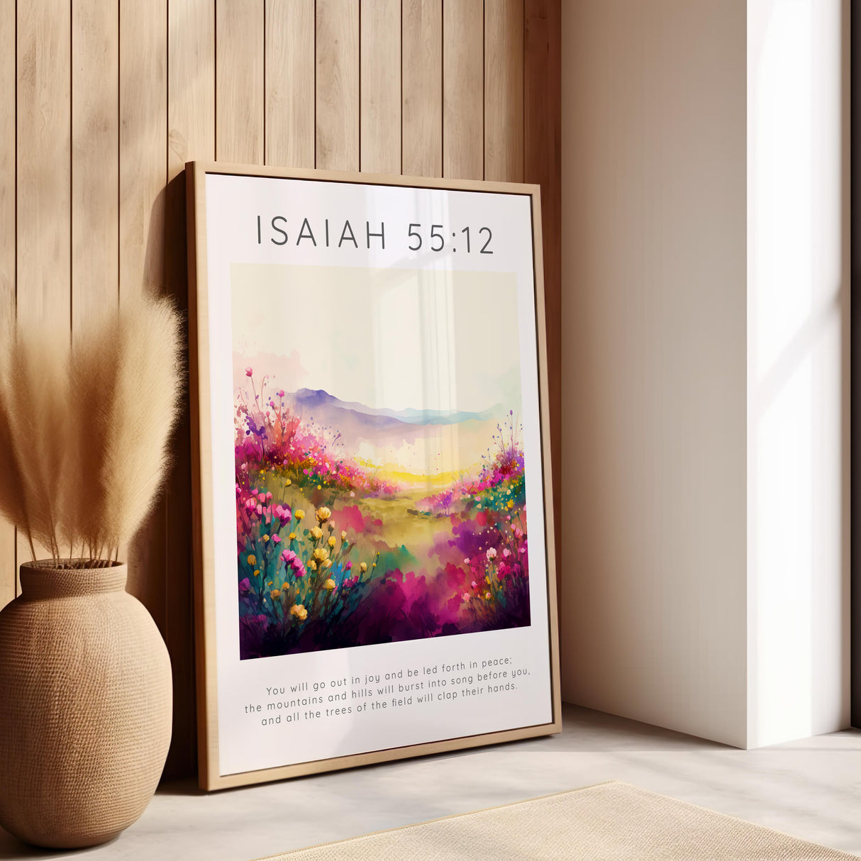 Christian wall art with the verse “You will go out in joy and be led forth in peace” set against a colourful floral field.