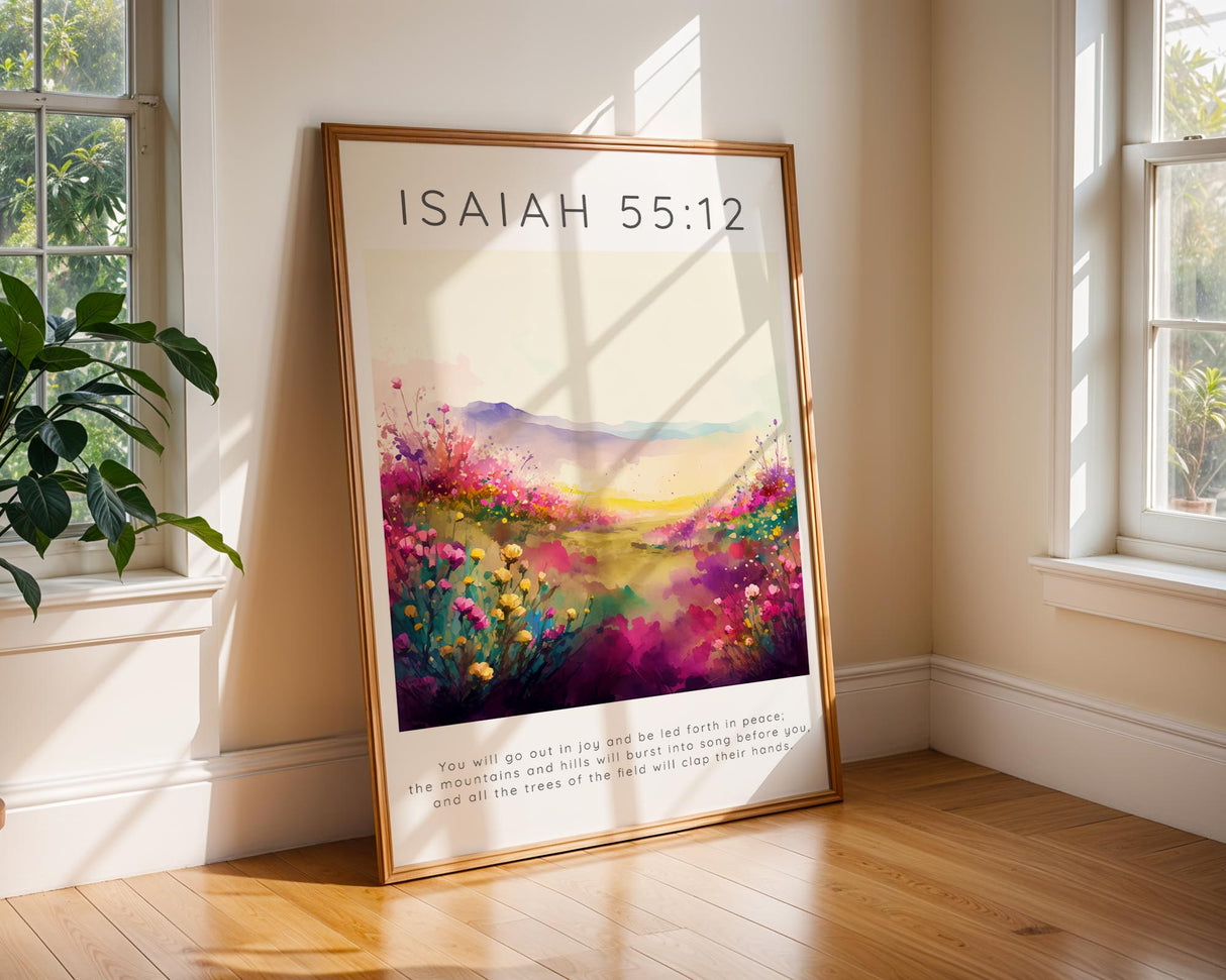 Faith-themed wall decor with pink blossoms and a joyful quote from Isaiah 55.