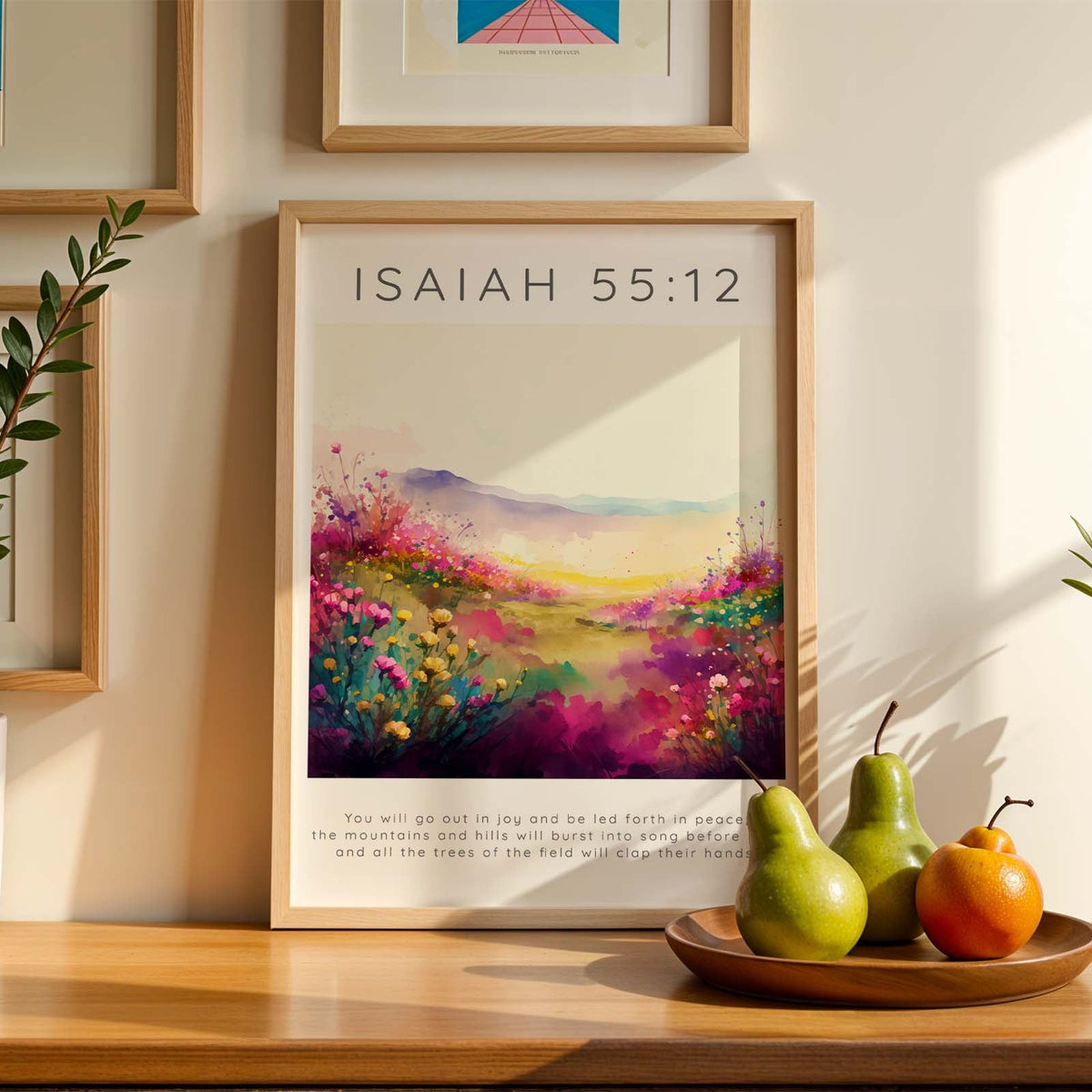 Isaiah 55:12 print with a colourful botanical background and elegant lettering.