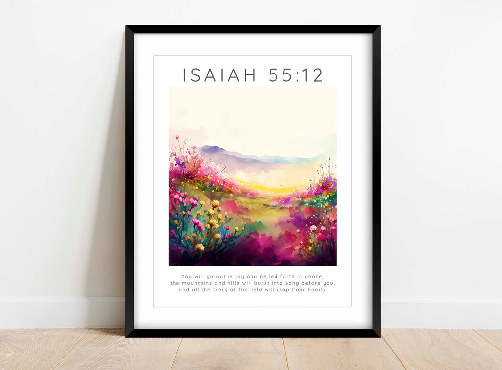 Mountains and hills burst into song wall decor, Trees clapping hands inspirational art, Faithful living room decor with Isaiah 55:12