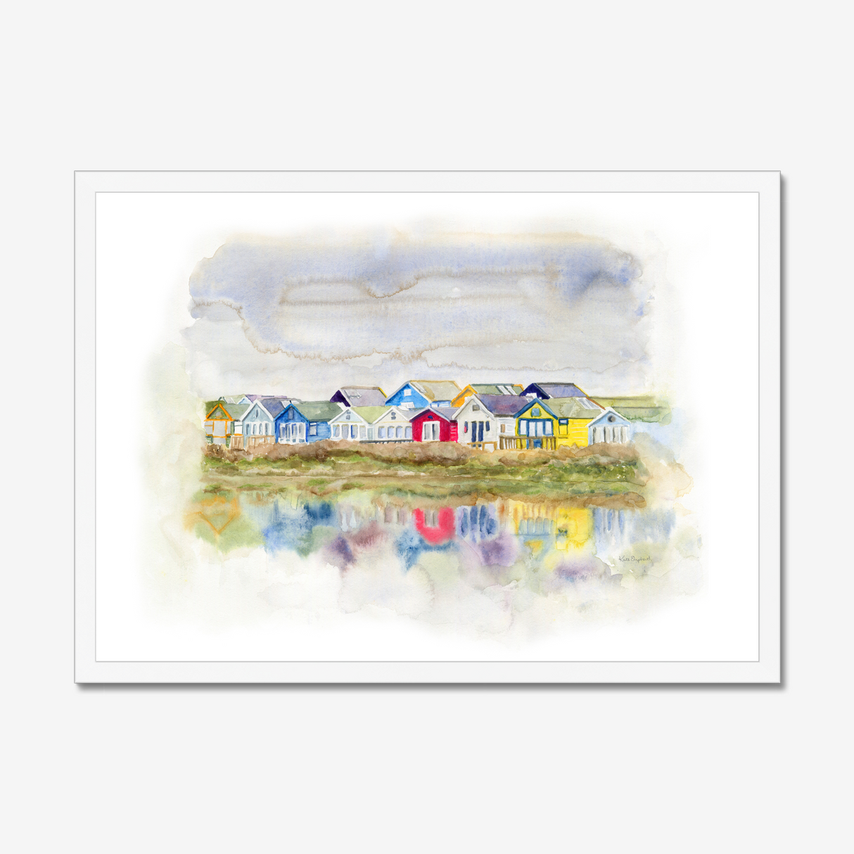 'Beach Huts 1' - Colourful Dorset prints of Mudeford beach huts in loose expressive watercolour — coastal wall art and seaside home decor in green, yellow, blue, red and grey, by Crafty Cow Design.