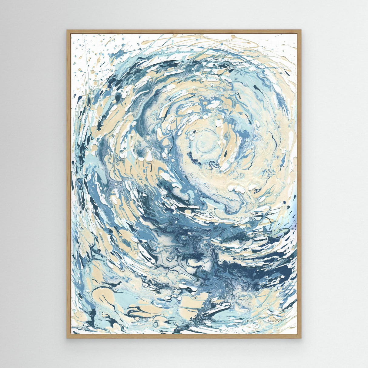 'Wave I' - Blue sea print on canvas in swirling teal, turquoise and sandy cream — abstract ocean art and blue wave canvas print for coastal decor living room and beach house interiors, by Crafty Cow Design.