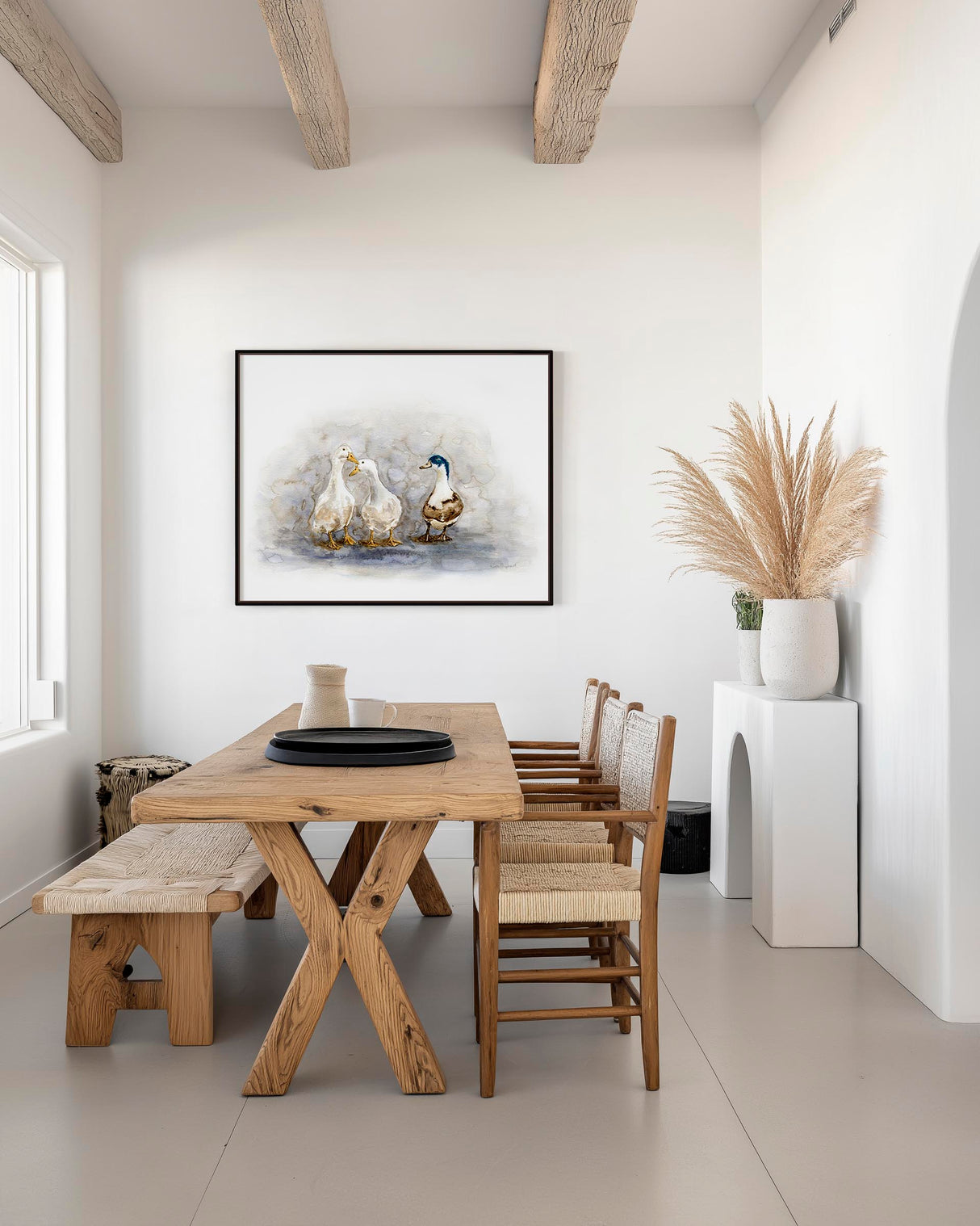 'Feathered Friends' - Canvas ducks print hung in a farmhouse kitchen, soft watercolour tones watercolour birds wall art country home decor by Crafty Cow Design.