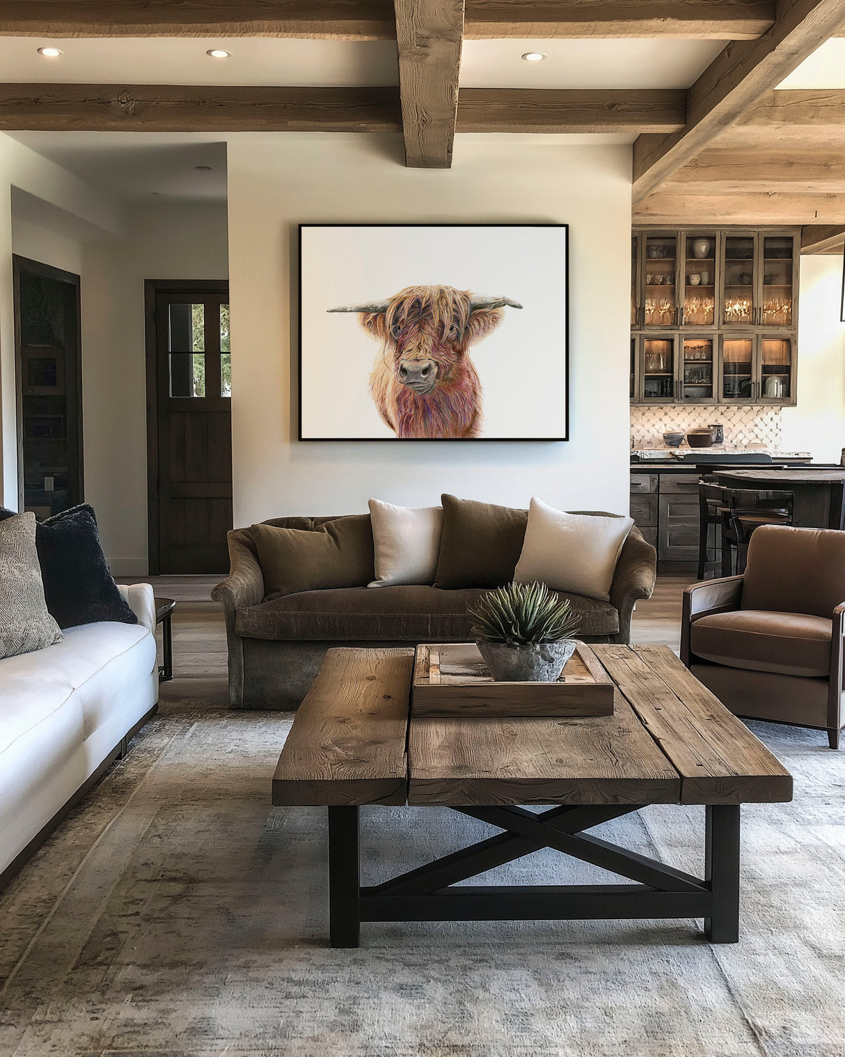 'Wild & Woolly' - Framed highland cow wall art in natural wood frame, rich russet and amber tones, country wall art rustic home decor by Crafty Cow Design.