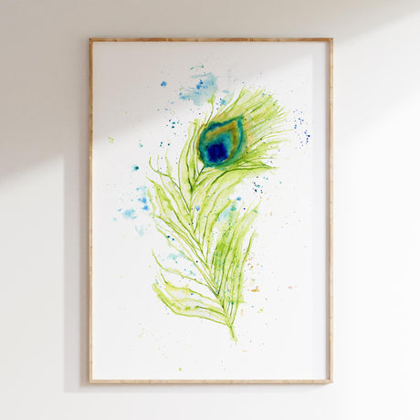 Loose watercolour peacock feather art print with teal and blue tones. Contemporary peacock feather painting in watercolour and ink