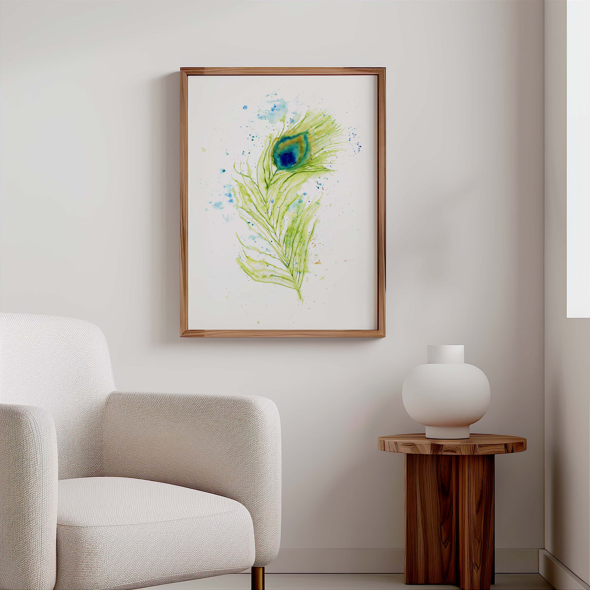 Colourful feather print with emerald, blue, and earthy ink accents