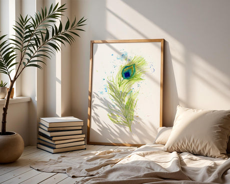 Contemporary peacock feather painting in watercolour and ink