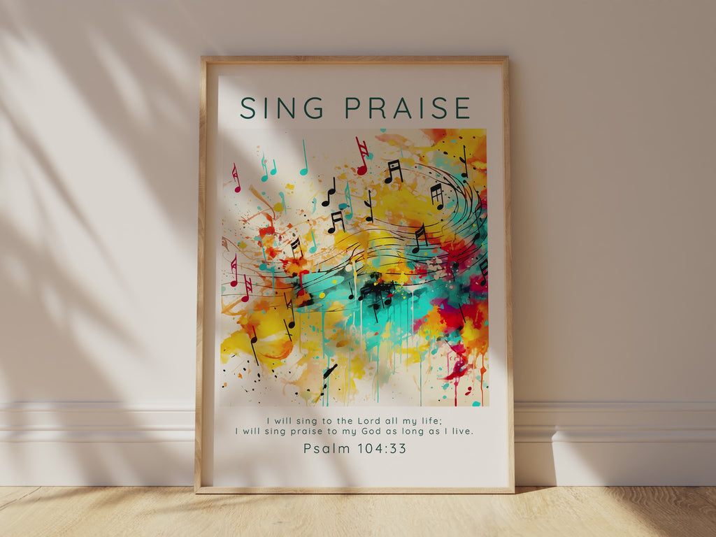Sing praise scripture print with abstract music motif, Contemporary Christian decor with Psalm 104:33, Melodic theme Bible verse wall art