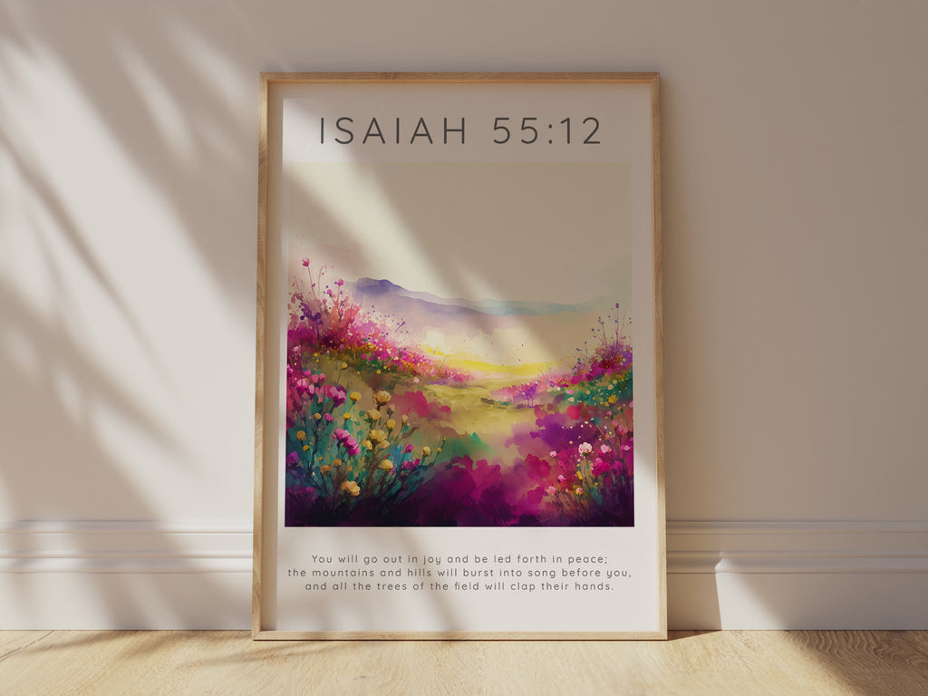 Colourful floral wall art with scripture, Joy and peace in nature inspired home decor, Vibrant pink flower meadow biblical print