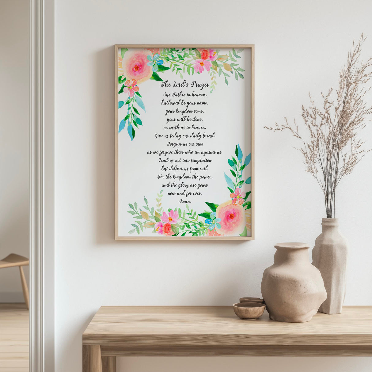 The Lord's Prayer Floral Wall Art Print, Contemporary Or Traditional Wording Options, Elegant Christian Decor With Delicate Botanical Design