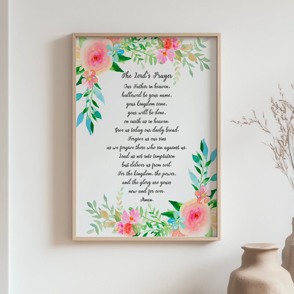 The Lord's Prayer Floral Wall Art Print, Contemporary Or Traditional Wording Options, Elegant Christian Decor With Delicate Botanical Design