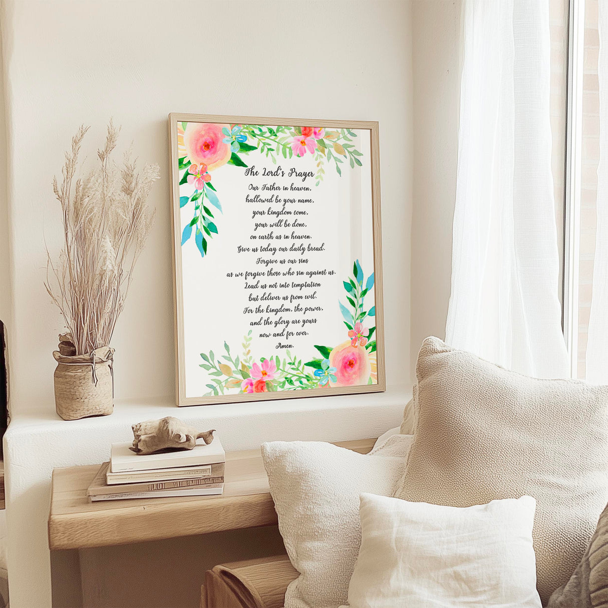 The Lord's Prayer Floral Wall Art Print, Contemporary Or Traditional Wording Options, Elegant Christian Decor With Delicate Botanical Design