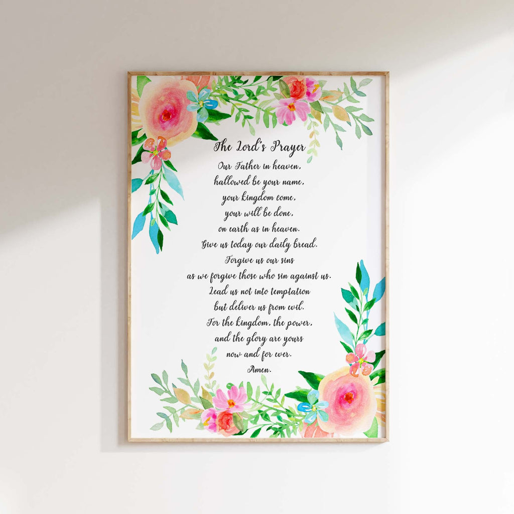 Contemporary Lord's Prayer Typography with Intricate Floral Motifs, Inspiring Devotion.