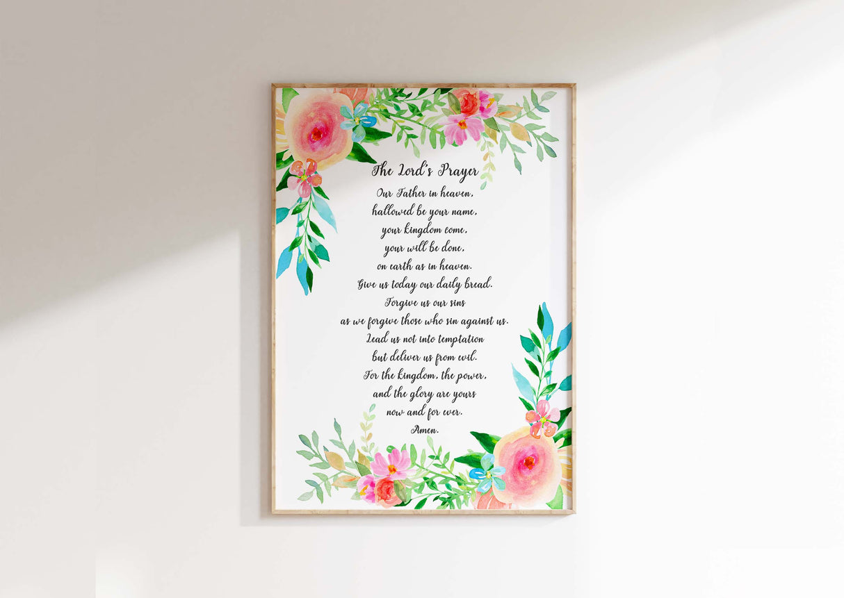 The Lord's Prayer Floral Wall Art Print, Contemporary Or Traditional Wording Options, Elegant Christian Decor With Delicate Botanical Design