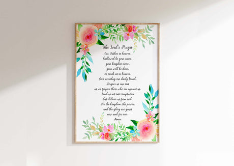 The Lord's Prayer Floral Wall Art Print, Contemporary Or Traditional Wording Options, Elegant Christian Decor With Delicate Botanical Design