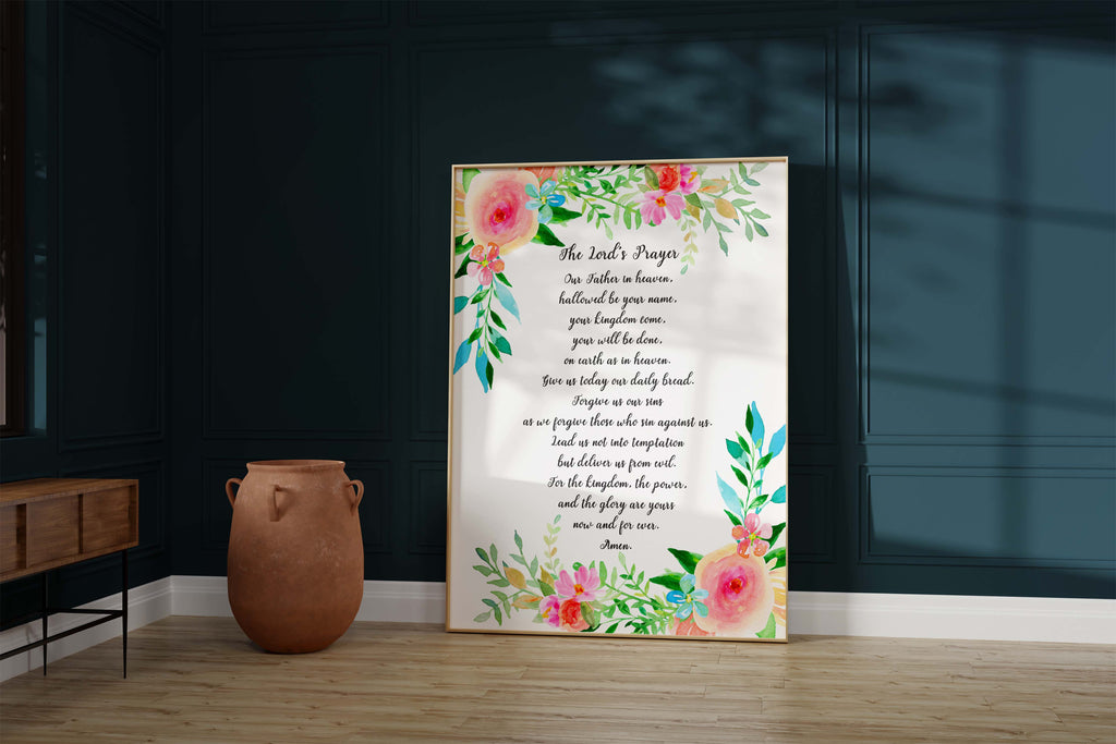 Floral Elegance Meets Spirituality in Contemporary Lord's Prayer Art Print.