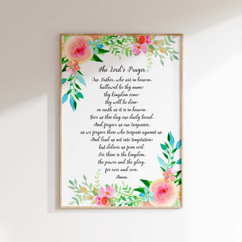 The Lord's Prayer Floral Wall Art Print, Contemporary Or Traditional Wording Options, Elegant Christian Decor With Delicate Botanical Design