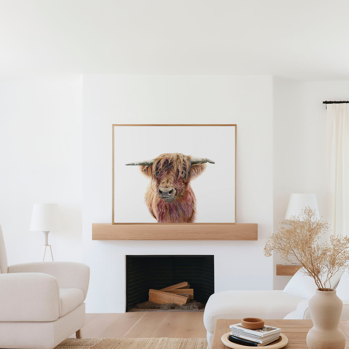 'Wild & Woolly' - Highland cow wall art in rich russet and amber coloured pencil tones, rustic home decor country wall art for farmhouse and cottage inspired interiors by Crafty Cow Design.