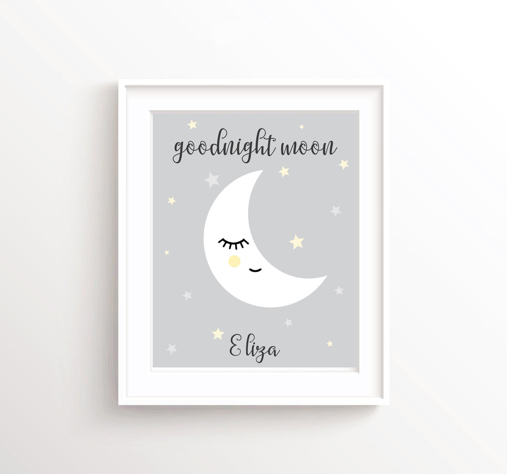 Whimsical Moon Nursery Print, Sleeping Moon Nursery Art with Custom Name, Moon Wall Art for Baby Shower Gift