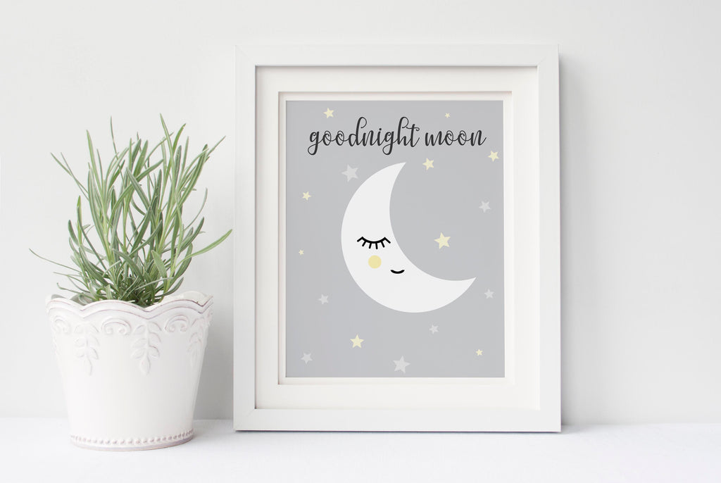 Personalized Nursery Wall Art with Sleeping Moon, Grey and White Moon Art Print for Nursery, Moon and Stars Nursery Decor for Baby