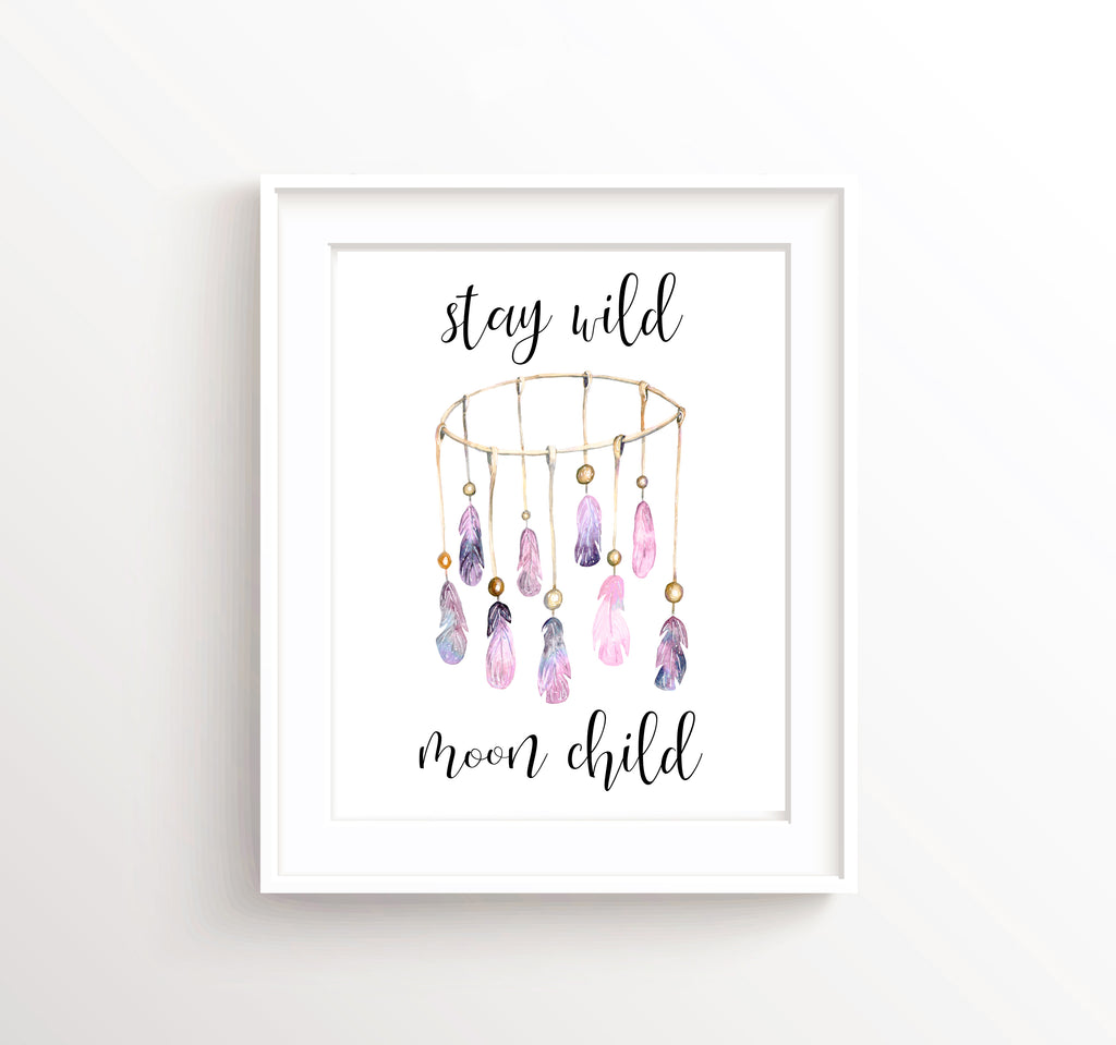 Stay Wild Moon Child Print, Watercolour Nursery Prints, Watercolour Nursery Art, Tribal Nursery Decor, Inspirational turquoise or pink prints