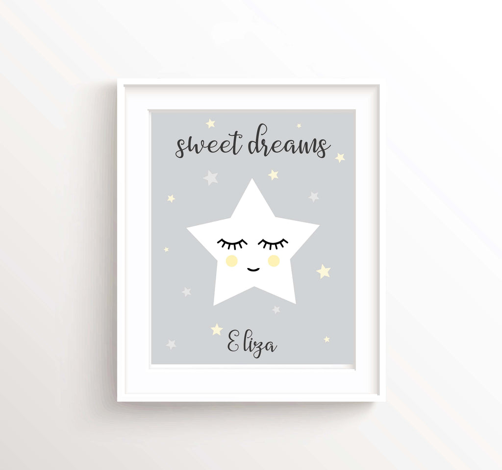 Gender-neutral star nursery wall art with personalisation options, Sweet dreams print for grey and white star nursery decor