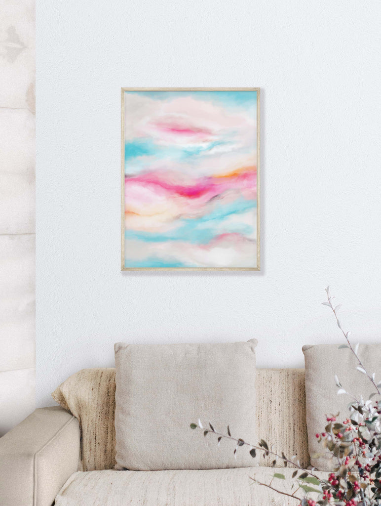 Contemporary sky art in bold colors, Vibrant pink, turquoise, and yellow abstract artwork, Colorful clouds print with an abstract twist