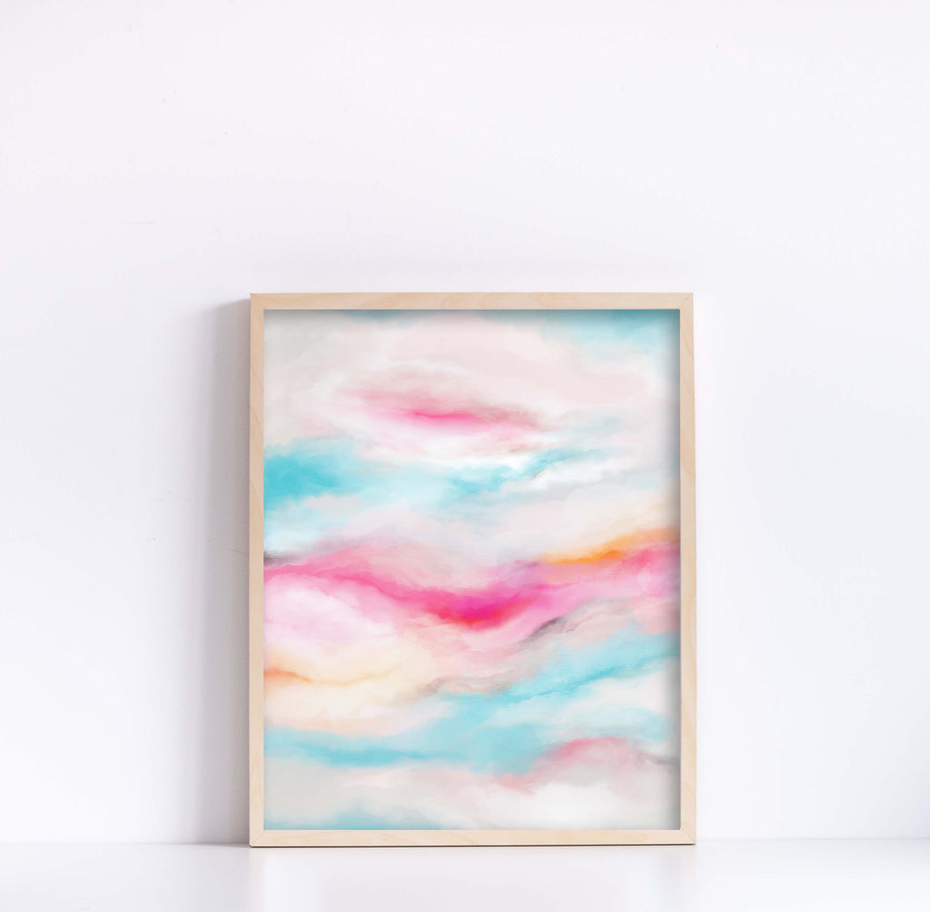 Pink, turquoise, and yellow abstract clouds print, Colorful abstract sky canvas art, Bold and bright sky-themed artwork