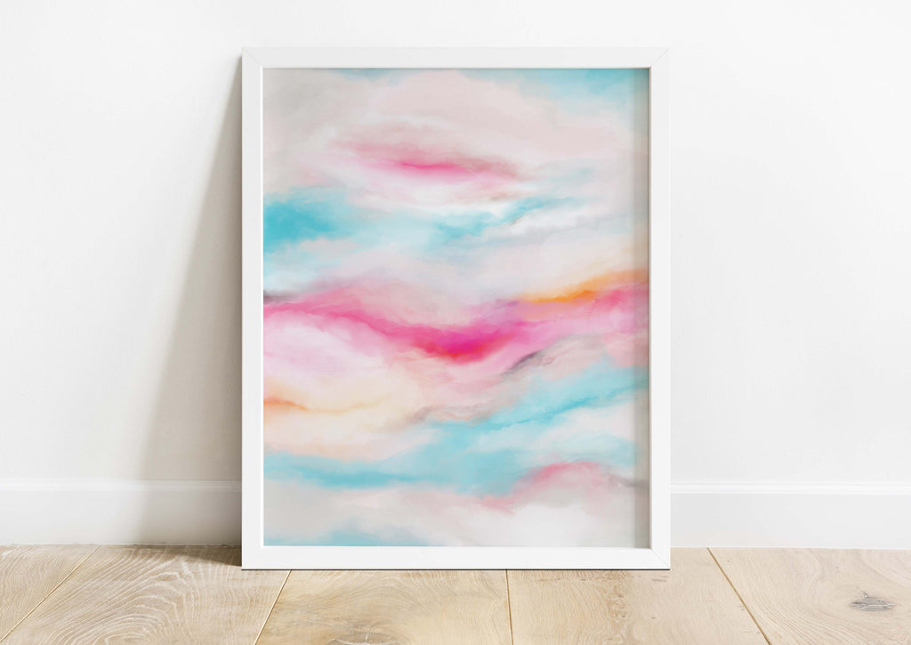 Contemporary Abstract Sky Print, Modern Abstract Cloud Sky Art Decor, Abstract sky wall art in pink, turquoise, and yellow