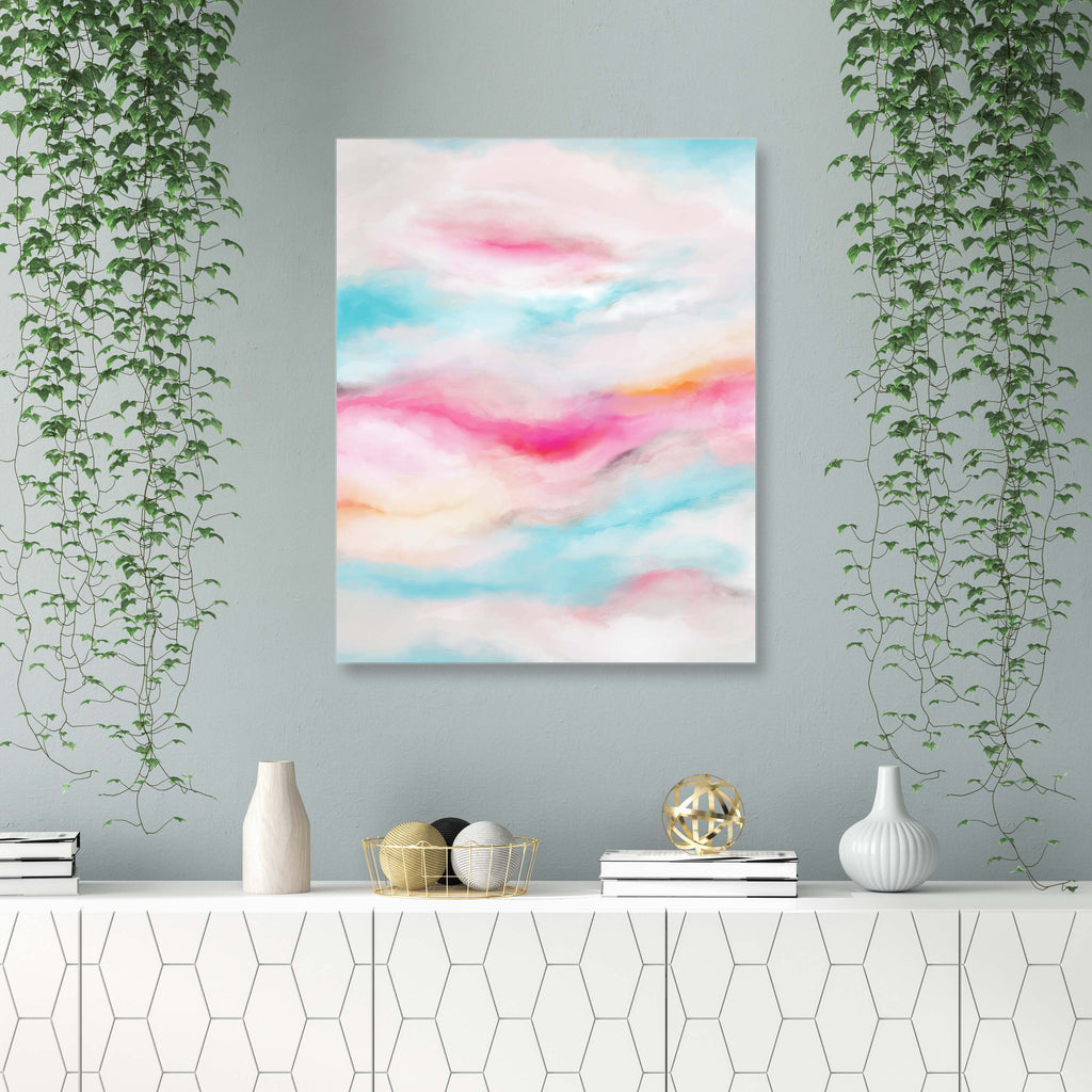 Vibrant pink, turquoise, and yellow clouds print, Modern abstract sky in pink, turquoise, and yellow, abstract sky artwork
