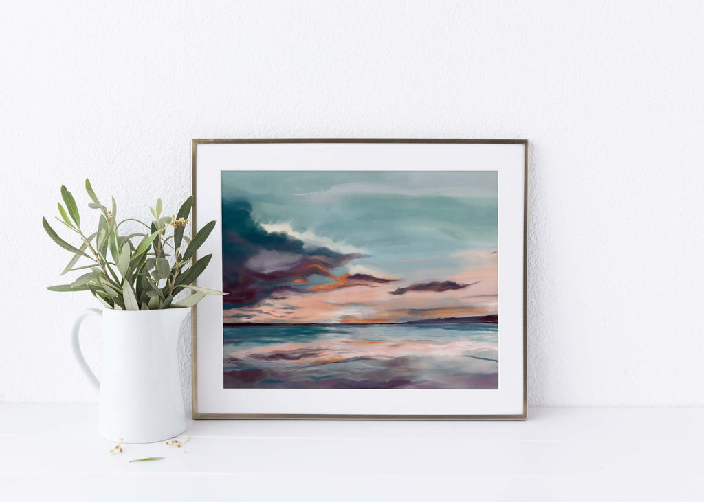 Vibrant teal, orange, and purple abstract artwork, Unique wall decor inspired by the ocean, Vibrant seascape canvas print in bold colors