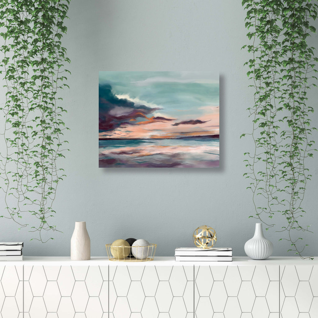 Handmade seascape art in teal, orange, and purple, Colorful seascape print with an abstract twist, abstract seascape wall art