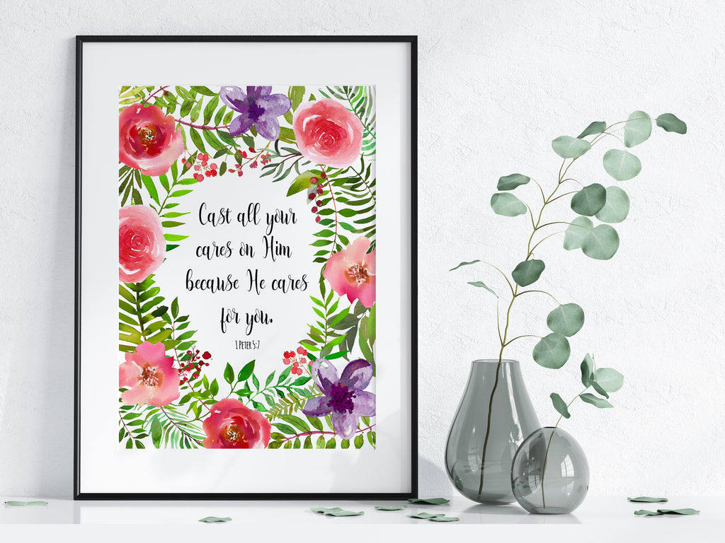 Cast All Your Cares Bible Verse Wall Art Print / Printable, 1 Peter 5 7 Print, 1 Peter 5 7 Quote, 1 Peter 5 7 Art Print
