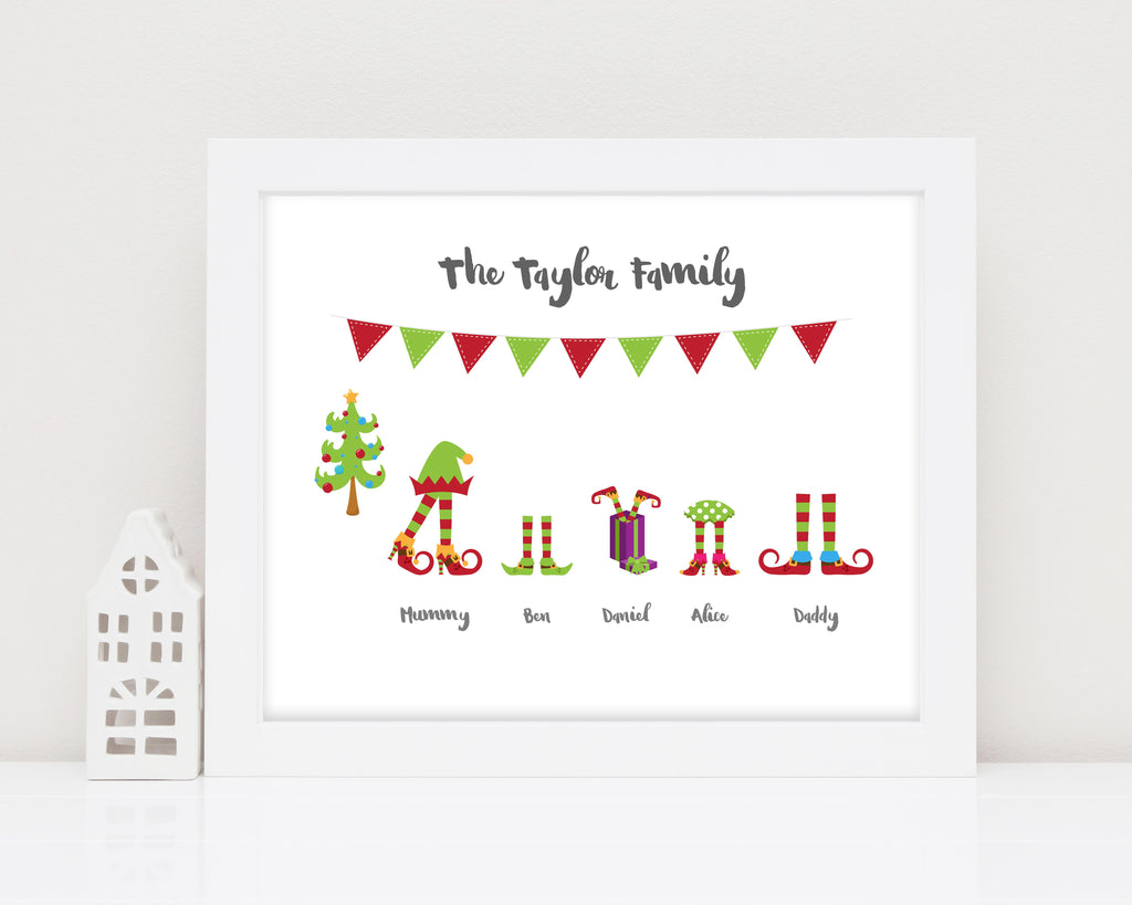 elf family print, Personalised Family Christmas Wall Art UK, Christmas Family Pictures, personalised christmas pictures