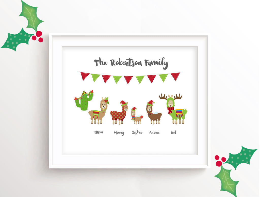 Personalised Family Christmas Wall Art UK, Christmas Family Pictures, Llama Christmas Family Print, Christmas Llama