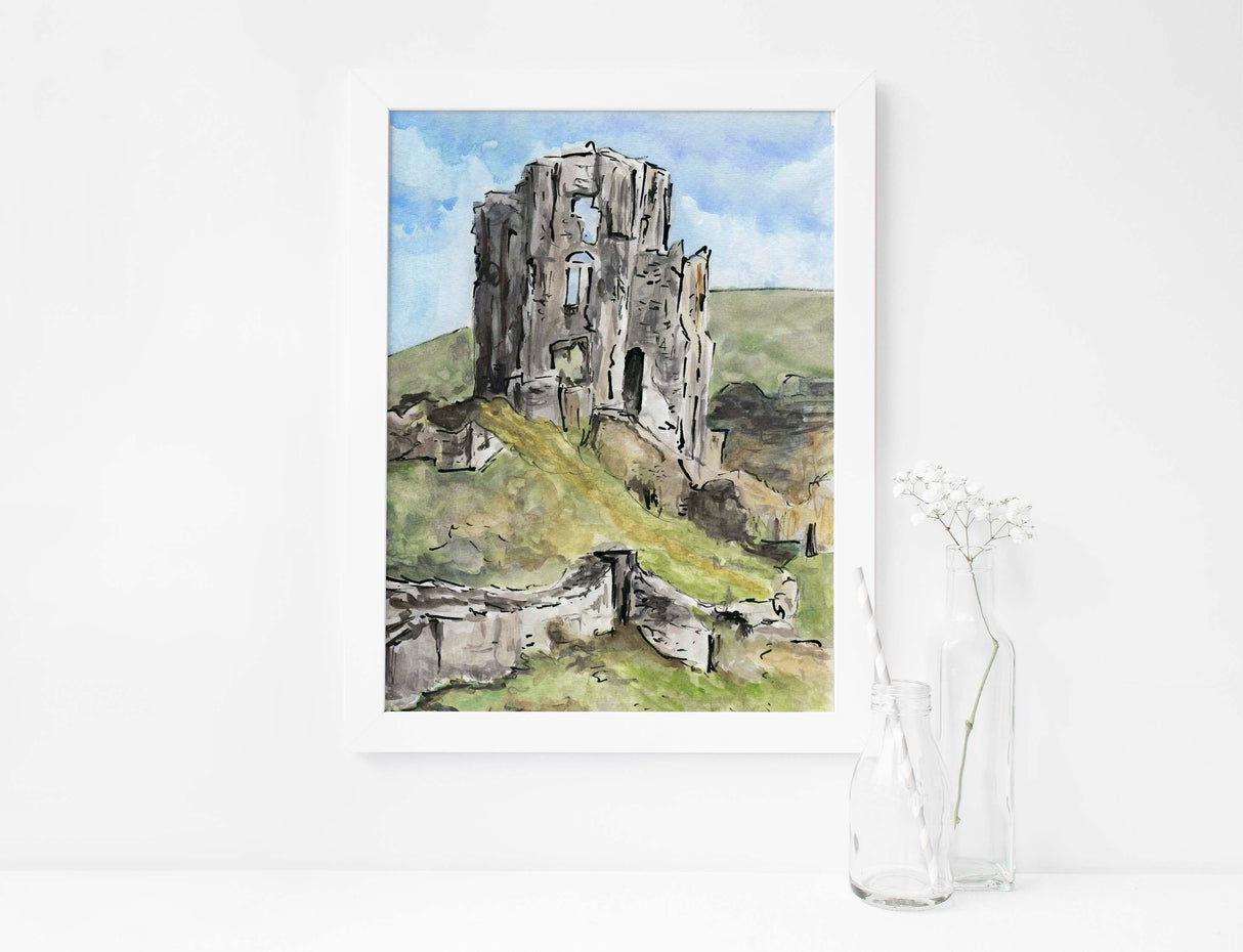 corfe castle coast prints, dorset pictures prints, corfe watercolour, corfe castle watercolour, watercolour dorset, watercolour corfe