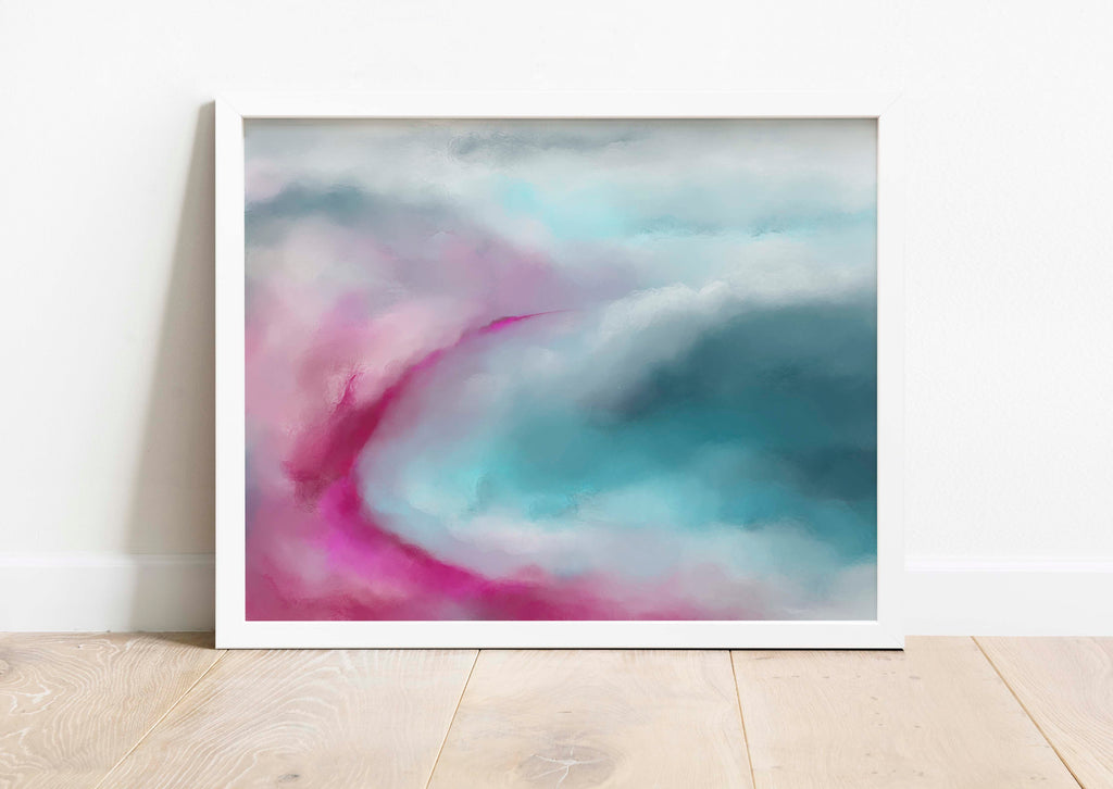 Contemporary Teal and Hot Pink Abstract Seascape Wall Art, Ocean Art, Teal and hot pink ocean art print, abstract wall art print