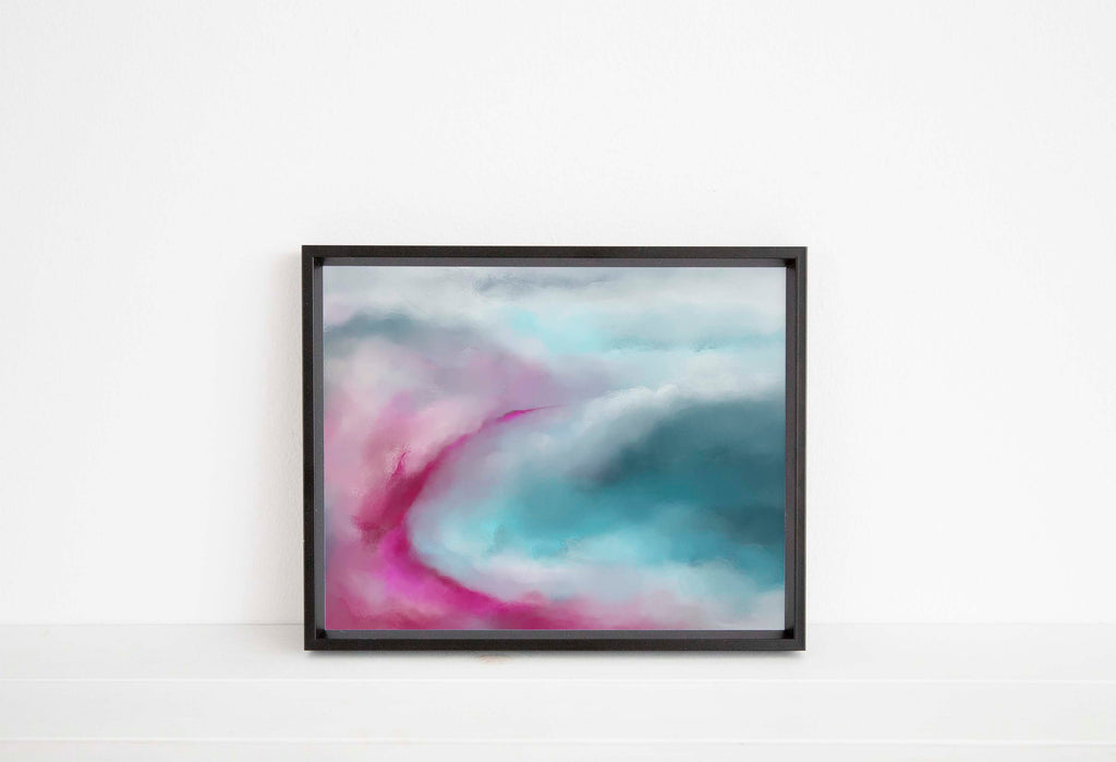 Coastal art in pink and teal color scheme, Colorful abstract sea spray print in teal and hot pink, Teal and magenta ocean-themed wall art