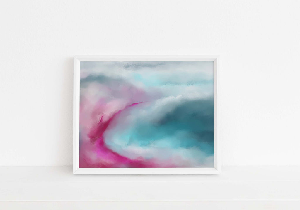 Hot pink and turquoise abstract sea painting, Teal and pink contemporary beach landscape print, Abstract underwater world print in pink and teal